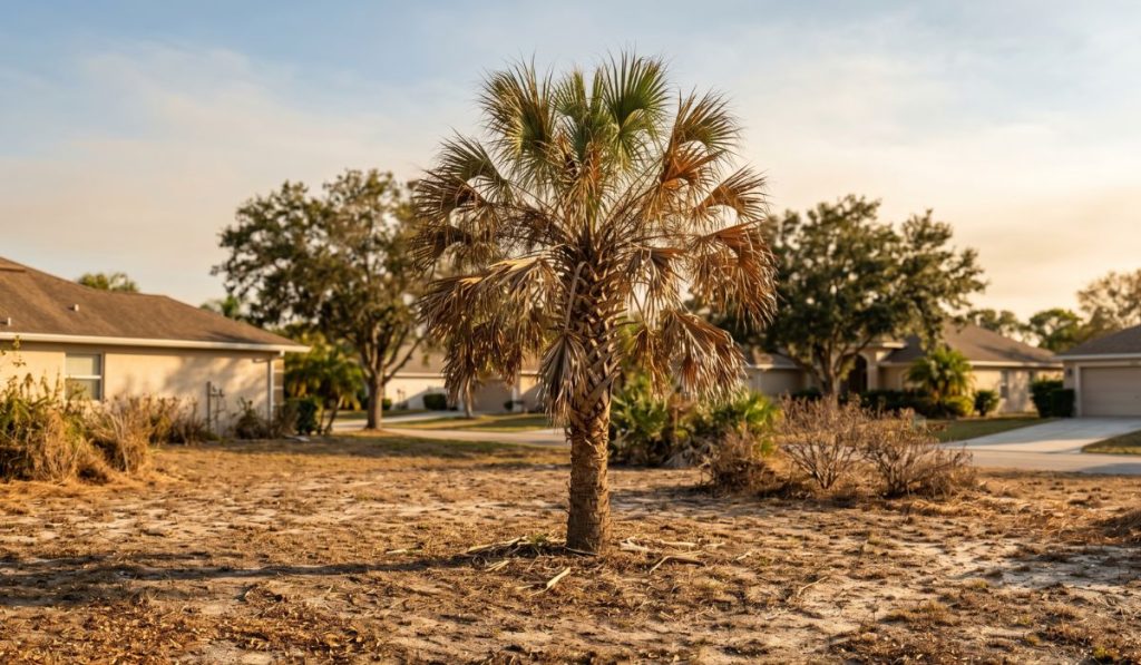 Drought-stressed Sabal Palm in a Sarasota FL residential neighborhood showing browning fronds and dry cracked sandy soil during Southwest Florida's dry season